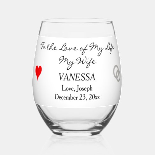 Groom to Bride Monogram White Red Heart Stemless Wine Glass