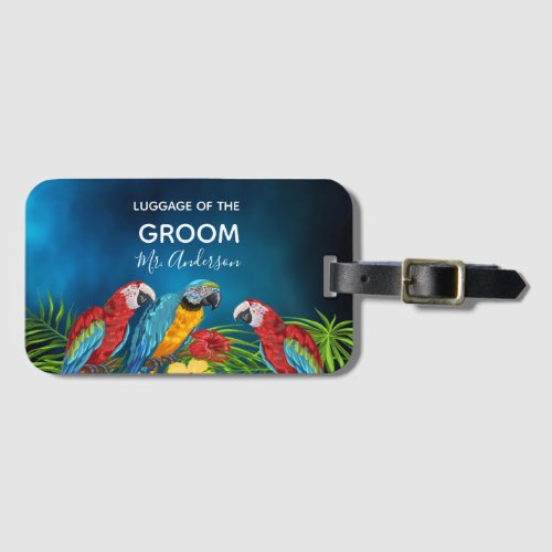 Groom tropical honeymoon blue parrots palm tree luggage tag