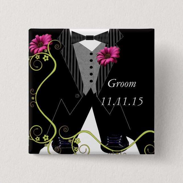Groom Tuxedo Bow Tie Tennis Shoe Wedding Badges Pinback Button (Front)