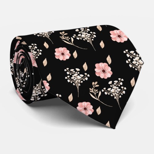 Groom Watercolor Pink Floral Black Wedding  Neck Tie