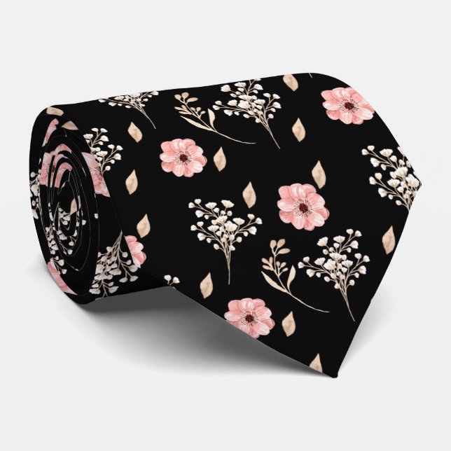 Groom Watercolor Pink Floral Black Wedding  Neck Tie (Rolled)