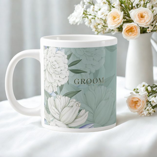 Groom Wedding Gift – Sage Green & Peonies Floral Giant Coffee Mug (Creator Uploaded)