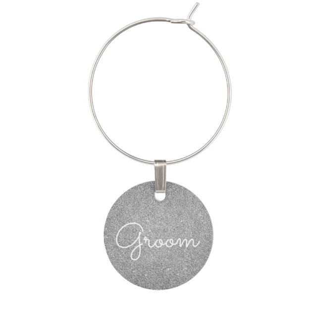 Groom - Wedding Silver Glitter Sparkle Wine Charm (Front)