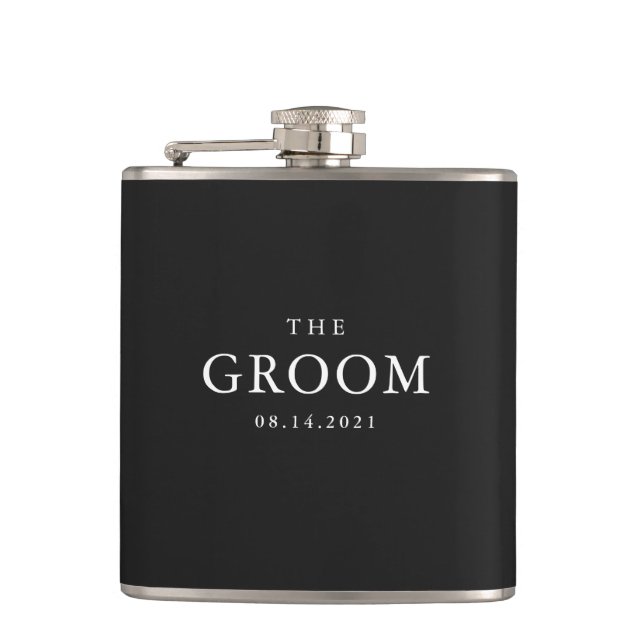 Groom Wedding Simple Classic Black and White  Flask (Front)