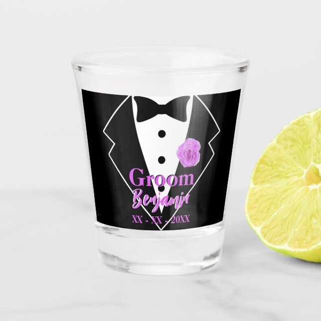 Groom Wedding Tuxedo Lavender Flower Personalized Shot Glass (Front)