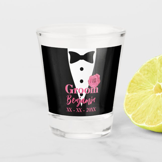 Groom Wedding Tuxedo Pibnk Flower Personalized Shot Glass (Front)