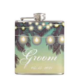 Groom Whiskey Flask Beach Sunset Palm Tree String