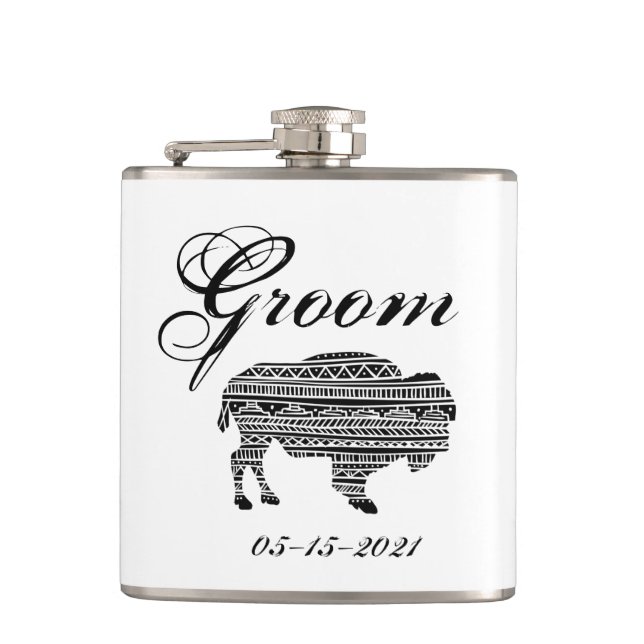 Groom Whiskey Flask Boho Buffalo Tribal Pattern Bo (Front)