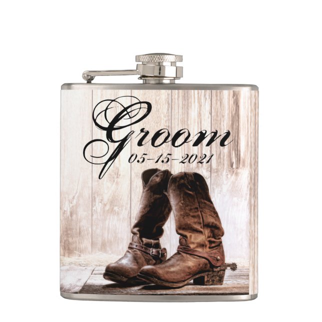 Groom Whiskey Flask boots country rustic western w (Front)