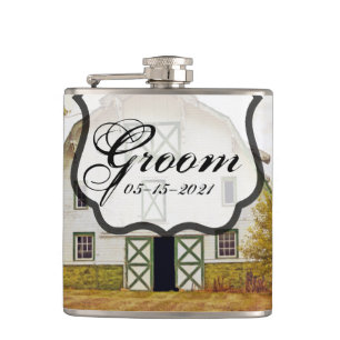 Groom Whiskey Flask Sunset Barn Country Rustic Fie
