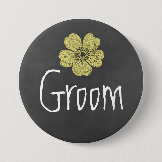 Groom Wild Yellow Roses Chalkboard Button (Front)