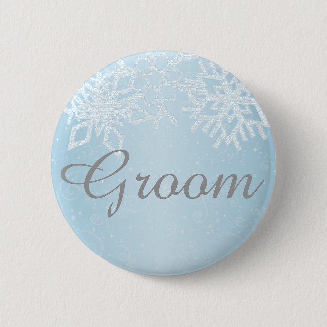 Groom Winter Snowflakes Pinback Button (Front)
