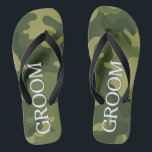 Groom with Green Camoflauge Pattern Flip Flops<br><div class="desc">A manly design that is perfect for a wedding or bachelor party.</div>