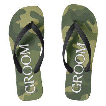 Groom With Green Camoflauge Pattern Flip Flops by MarshShoes at Zazzle