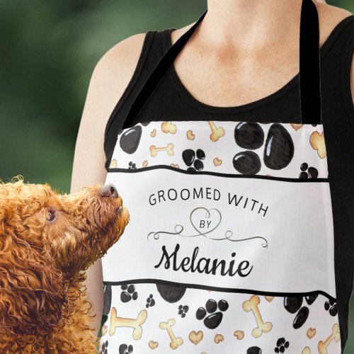 GROOMED WITH LOVE Paw Print Pattern Dog Groomer Apron