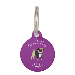 Groom's Dog with Pug in Tuxedo on Purple Pet ID Tag