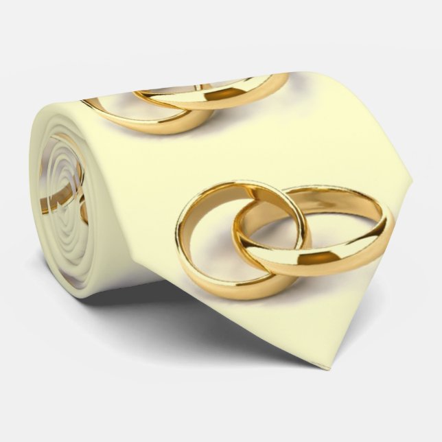 Grooms Gold Wedding Rings Pattern Tie (Rolled)
