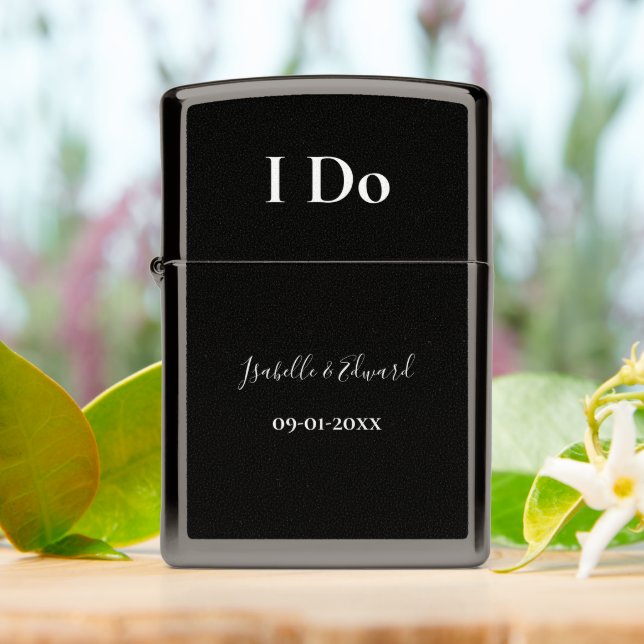 Groom's I Do Wedding Day Accessories Black Zippo Lighter (On Table)