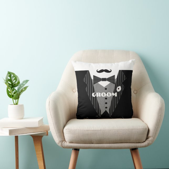 Groom's Mustache Tuxedo Black Tie Pillow (Chair)
