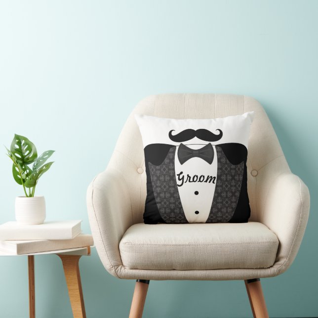 Groom's Mustache Tuxedo Black Tie Pillow (Chair)