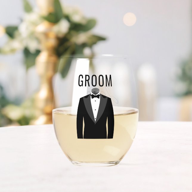 Groom's Name Black Tuxedo Wedding Date Stemless Wine Glass (Insitu (Wedding))
