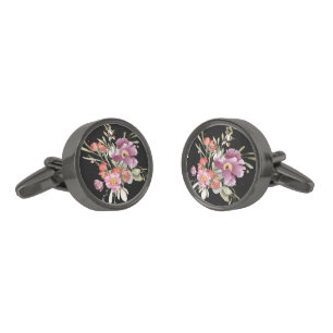Grooms Pink Wedding Floral Bouquet on Black Cufflinks