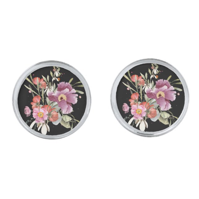 Grooms Pink Wedding Floral Bouquet on Black Cufflinks (Front)