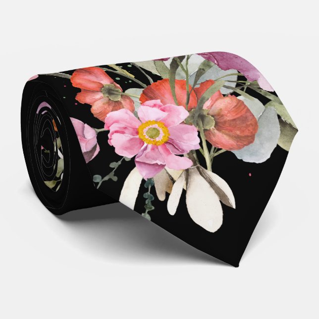 Grooms Pink Wedding Floral Bouquet on Black Neck Tie (Rolled)