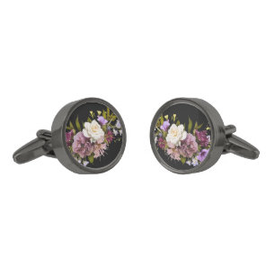 Grooms Purple Floral Bouquet on Black Cufflinks