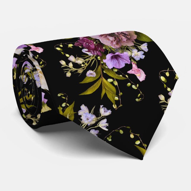 Grooms Purple Floral Bouquet on Black Neck Tie (Rolled)