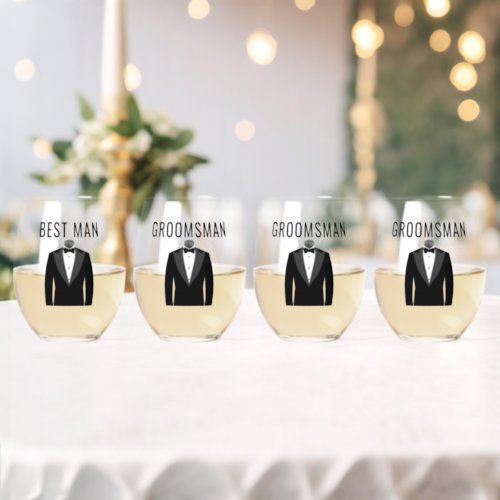 Grooms Team Name Black Tuxedo Wedding Date Stemless Wine Glass