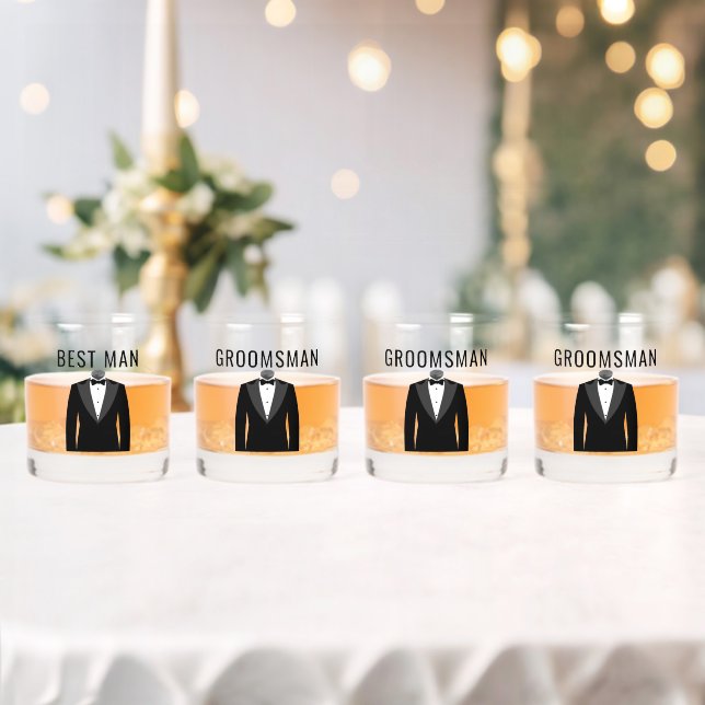 Groom's Team Name Black Tuxedo Wedding Date Whiskey Glass (Insitu (Wedding))