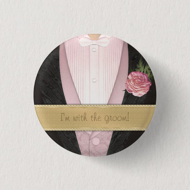 Grooms Tuxedo (pink) Custom Wedding Pinback Button (Front)