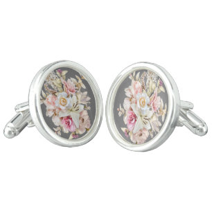 Grooms Wedding Floral Bouquet on Grey Cufflinks