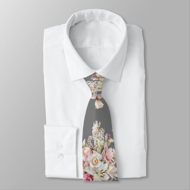 Grooms Wedding Floral Bouquet Pattern on Grey Neck Tie (Tied)