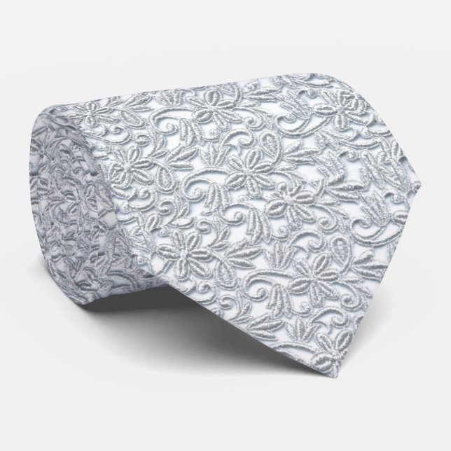 Grooms White Bridal Wedding Dress Lace Pattern Tie (Rolled)