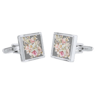 Grooms White Floral Wedding on Grey Square Cufflinks