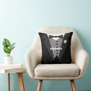 Grooms White Flower Tuxedo Pillow
