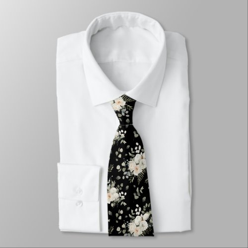 Grooms White Wedding Floral Bouquet on Black Neck Tie