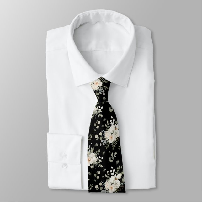 Grooms White Wedding Floral Bouquet on Black Neck Tie (Tied)