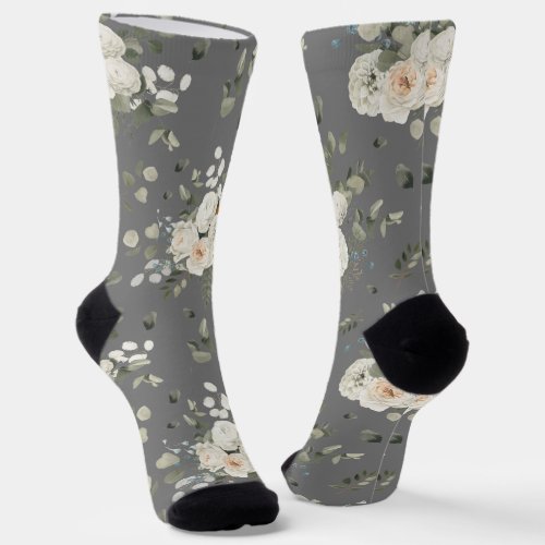 Grooms White Wedding Floral Bouquet on Grey Socks