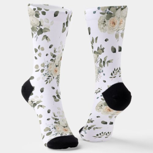 Grooms White Wedding Floral Bouquet Pattern Socks