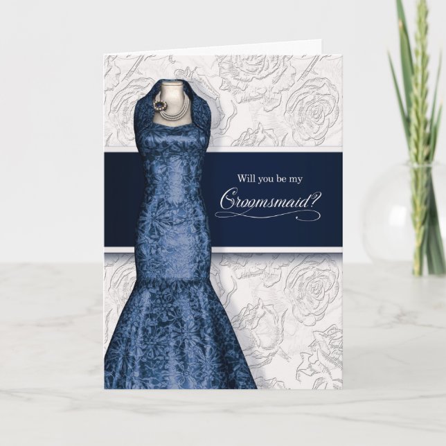 Groomsmaid Request Navy Blue and White Roses Invitation (Front)