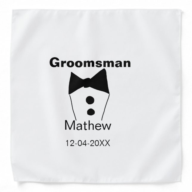 Groomsman add name date year black collar bow text bandana (Front)