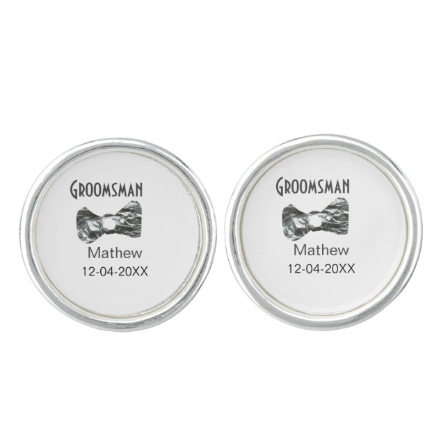 Groomsman add name date year gray collar bow text cufflinks (Front)