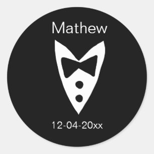 groomsman add name year black bow shirt tie tuxedo classic round sticker