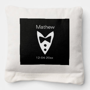 groomsman add name year black bow shirt tie tuxedo cornhole bags