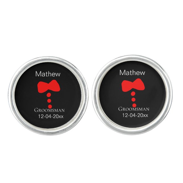 groomsman add name year black bow shirt tie tuxedo cufflinks (Front)