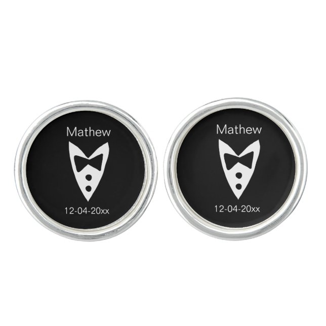 groomsman add name year black bow shirt tie tuxedo cufflinks (Front)