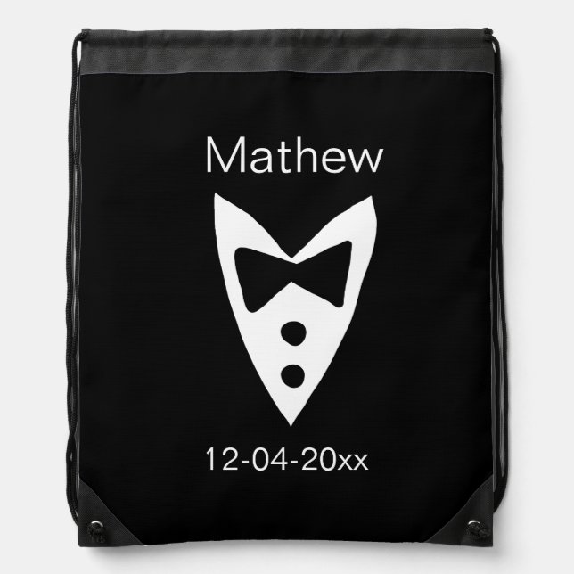 groomsman add name year black bow shirt tie tuxedo drawstring bag (Front)